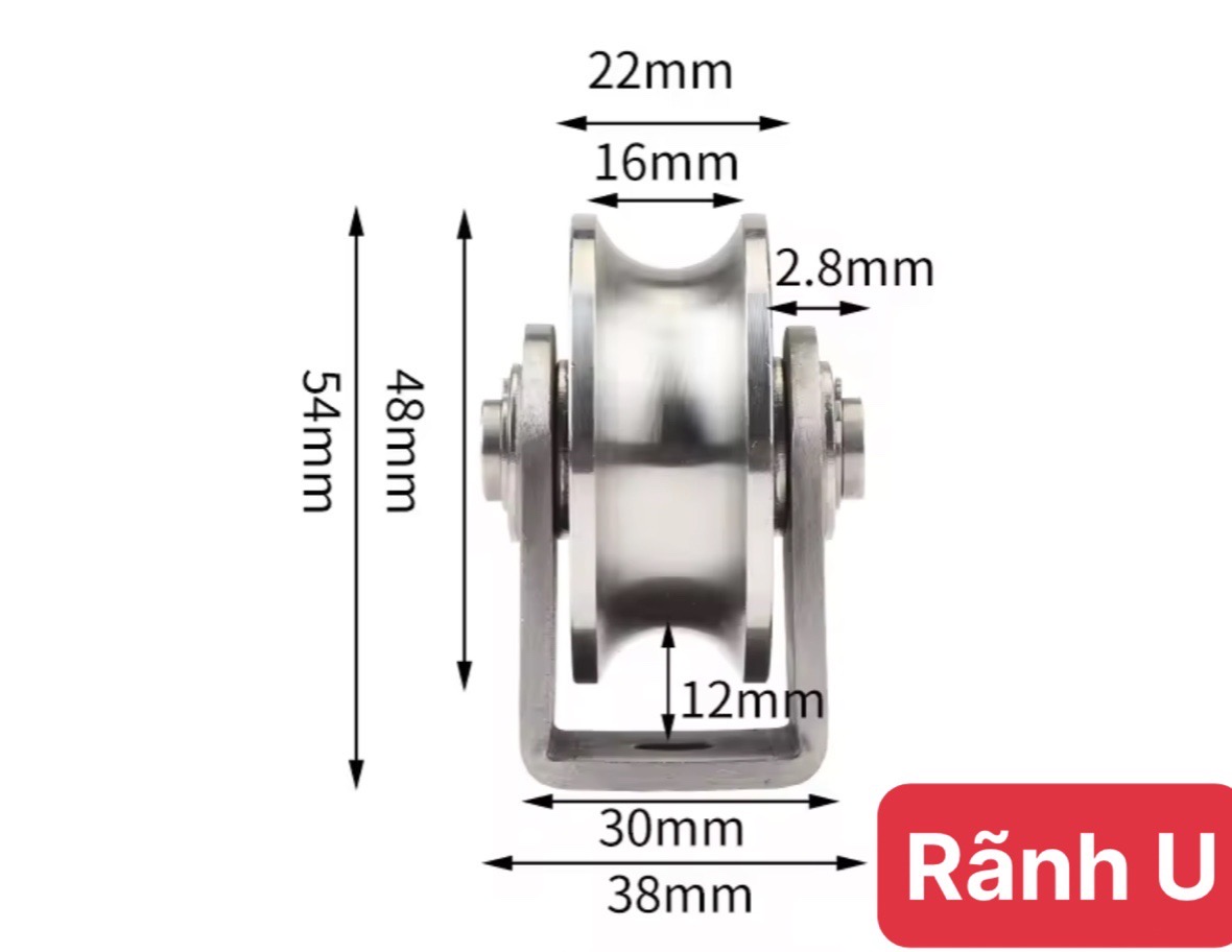 BÁNH XE CHO CỬA CỔNG TRƯỢT, CỔNG LÙA INOX304, RAY U ĐẾ NGẮN, 5 phân (16x48)