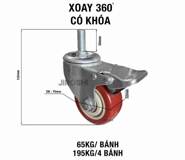 BÁNH XE PU 5 PHÂN, CÓ TY REN (MÀU ĐỎ)